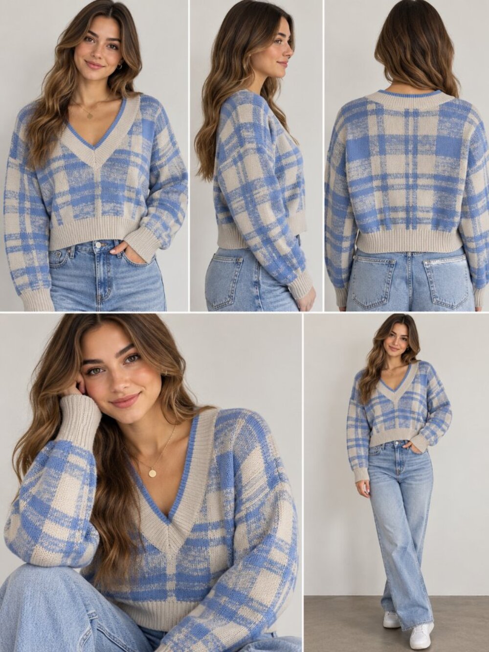 Fashion Nova Blue Cream Plaid V Neck Cropped Sweater L